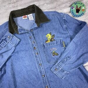 VTG Looney Tunes Womens Large Chambray BU LS Denim Tweety Embroidery Shirt Y2K